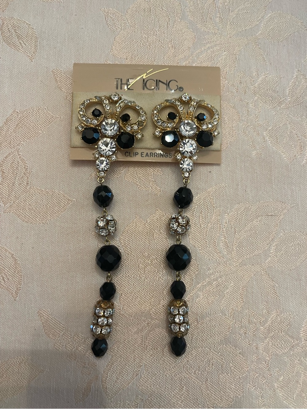 Black & Gold Crystal Chandelier Shoulder Duster Earrings Clip
